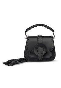 Czarna skórzana torebka z plecionym uchwytem, w zdobionym wzorze, okrągłym zapięciu i długim frędzlem po jednej stronie.