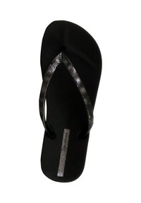Infradito neri con una fascia texturizzata decorata da motivi ondulati argentati e una soletta liscia. La suola è leggermente sagomata.