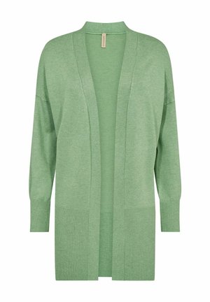 Cardigan vert clair en tissu tricoté doux. Il présente une coupe ample, un devant ouvert, des manches longues et des accents côtelés aux poignets et à l'ourlet.