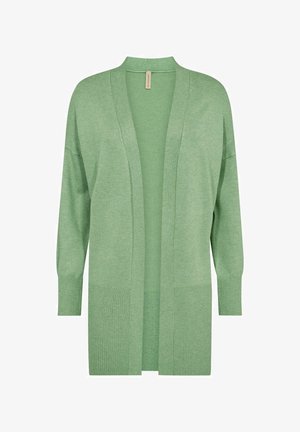Svijetlozeleni kardigan od mekog pletiva. Ima slobodan kroj, otvoreni prednji dio, duge rukave i rebraste detalje na manžetama i rubu.