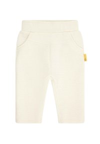 Cremefarbene Kleinkinderhosen aus weichem Stoff, mit glatter Textur, elastischem Bund und zwei Seitentaschen. Gelbes Markenschild angebracht.