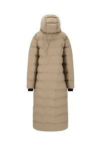 Beige puffer coat with a long silhouette, hood, and elastic cuffs. Features a quilted texture and smooth, water-repellent fabric.