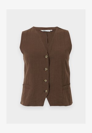Gilet marron sans manches à boutons, col en V et deux poches latérales, en tissu texturé.