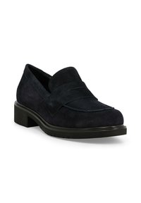 Mocassini in suede blu navy con suola nera bassa e strutturata e dettagli di cucitura sul davanti. Design con punta arrotondata.