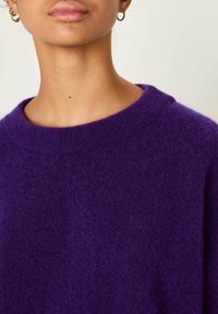 Maglione viola in lana con colletto a girocollo e texture morbida. Presenta un colletto a coste e un tessuto morbido e caldo.