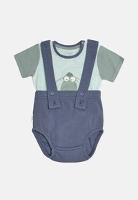 Body de manga corta a rayas verdes y grises con tirantes azul marino y una aplicación de rana en la parte frontal. Material de algodón suave.