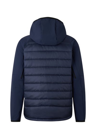 Marineblaue Steppjacke mit Kapuze, mit horizontalen Steppnähten, zwei seitlichen Reißverschlusstaschen und elastischen Bündchen für eine eng anliegende Passform.