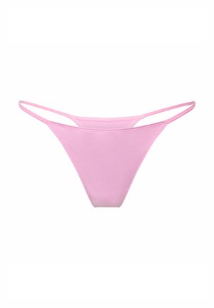 Pink thong underwear made of soft fabric, featuring a minimal design with thin straps and a smooth texture. No patterns or accents visible.