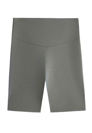 Grijze atletische shorts met hoge taille en halflange pijpen tot halverwege het bovenbeen, voorzien van een V-vormige gestikte tailleband, gemaakt van gladde, rekbare stof.