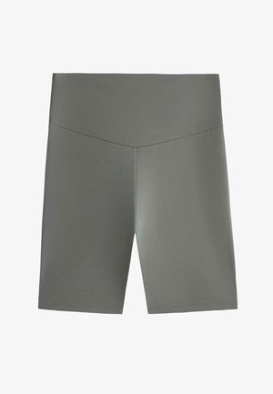 Grijze atletische shorts met hoge taille en halflange pijpen tot halverwege het bovenbeen, voorzien van een V-vormige gestikte tailleband, gemaakt van gladde, rekbare stof.