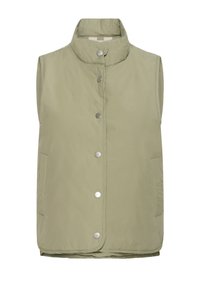 Ärmellose, hellgrüne Weste aus gestepptem Stoff, mit hohem Kragen, Druckknöpfen und Seitentaschen. Glatte Textur, lässiges Design.