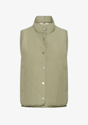 Brezrokavnik svetlo zelene barve, izdelan iz odejenega blaga, z visokim ovratnikom, zatiči na pritiskač in stranskimi žepi. Gladek tekstura, priložnostna zasnova.