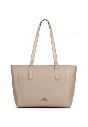 Beige leren tas met twee lange handvatten en een klein gouden merklogo gecentreerd vlak bij de onderkant.