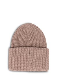 Bonnet tricoté rose clair avec un motif texturé, doté d'un revers au bas. Matériau doux et extensible pour le confort.