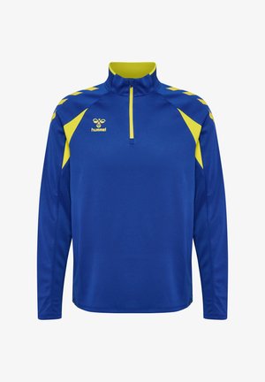 Blauw en geel sportpullover met lange mouwen, kwartrits, hoge kraag en hummel-logo op de borst.