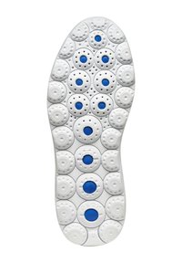 Suela de zapato de goma blanca con patrones circulares, acentos azules y perforaciones para transpirabilidad, diseñada para ofrecer tracción y comodidad.