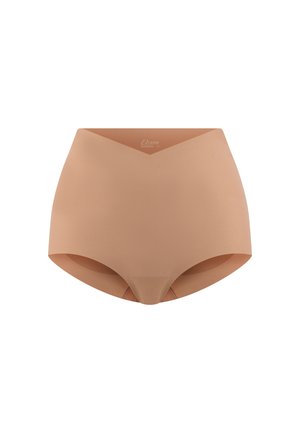 Sous-vêtement femme beige nude taille haute sans coutures, en tissu lisse avec une ceinture en V pour un ajustement confortable.