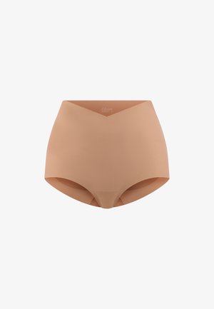 Sous-vêtement femme beige nude taille haute sans coutures, en tissu lisse avec une ceinture en V pour un ajustement confortable.
