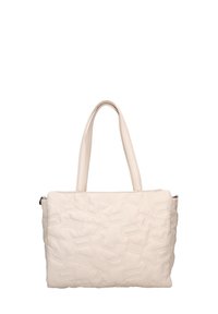 Borsa a mano color beige in ecopelle trapuntata con doppi manici, chiusura con zip e motivo in rilievo. Texture liscia con dettagli minimalisti.