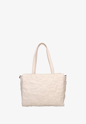 Borsa a mano color beige in ecopelle trapuntata con doppi manici, chiusura con zip e motivo in rilievo. Texture liscia con dettagli minimalisti.