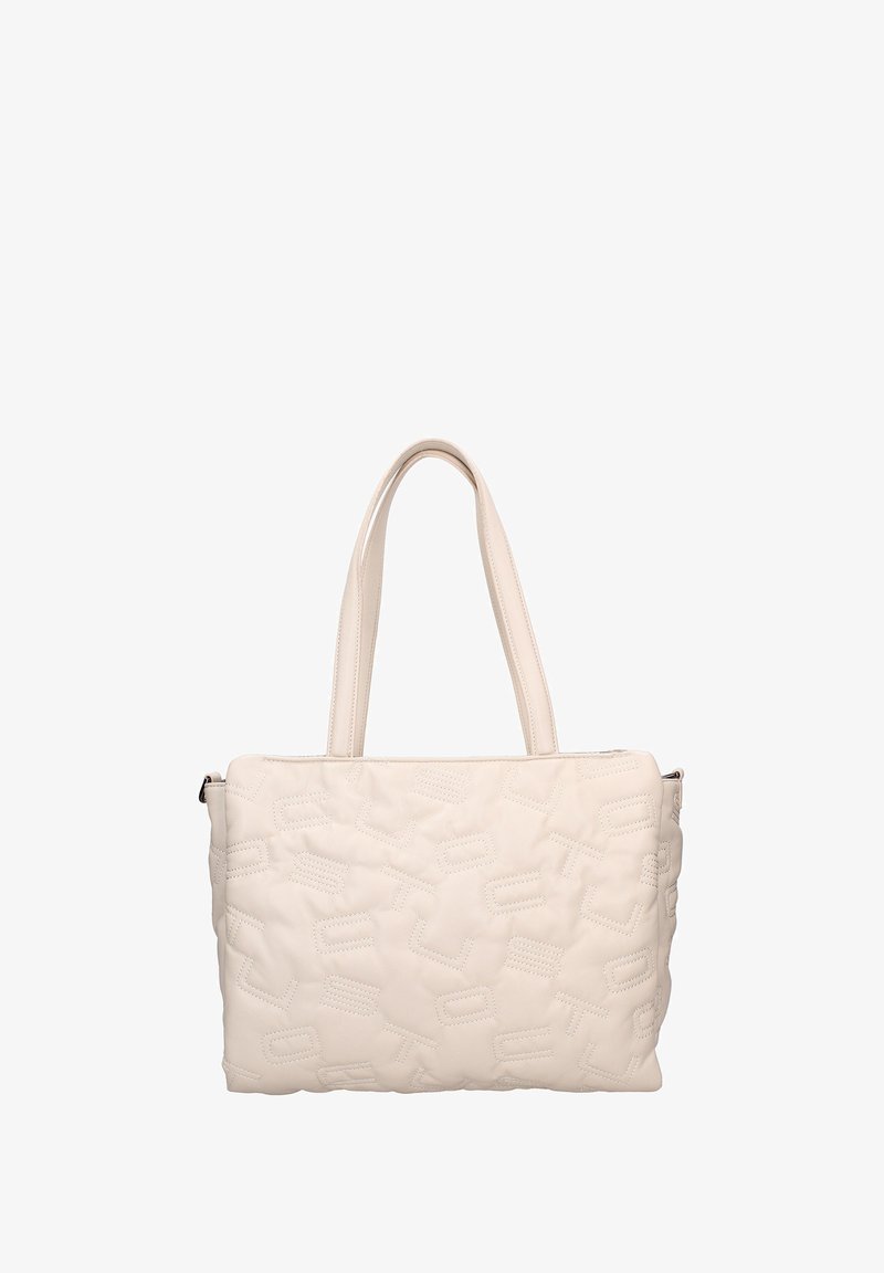 Borsa a mano color beige in ecopelle trapuntata con doppi manici, chiusura con zip e motivo in rilievo. Texture liscia con dettagli minimalisti.