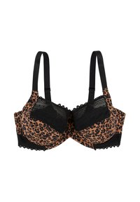 Reggiseno a stampa leopardata in marrone e nero, con dettagli in pizzo, spalline regolabili e bordi ondulati. Coppe strutturate per supporto.