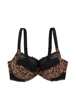 Soutien-gorge imprimé léopard en marron et noir, avec des accents de dentelle, des bretelles réglables et des bords festonnés. Coupes structurées pour le soutien.