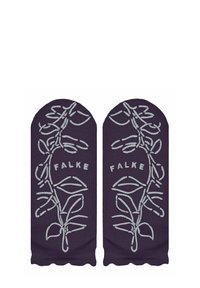 Calzini in tessuto viola con lavorazione a maglia tessurizzata e una stampa floreale argento, con il nome del marchio "FALKE" incorporato nel design.
