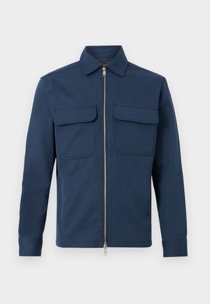 Navy blue textured jacket with a front zipper, two flap chest pockets, long sleeves, and a classic collar on a white background.
