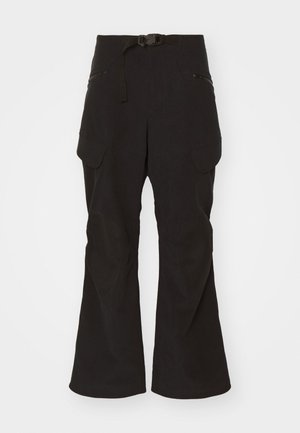 Black cargo pants with a fitted waistband, adjustable belt, and multiple zippered and flap pockets. Features reinforced knee patches.