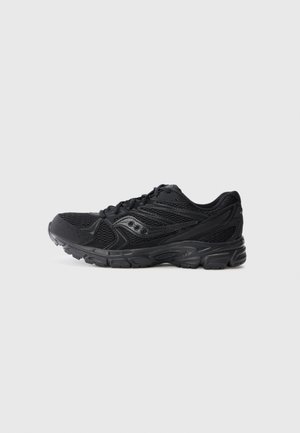 Black athletic shoe with mesh upper, textured black accents, cushioned sole, and lace closure. Features a rounded toe and reinforced heel.