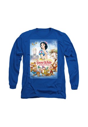 Long-sleeve blue shirt featuring a colorful Snow White graphic with characters and text, smooth texture, and crew neck design.