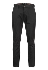 Black cotton chino pants with a straight leg design, front button closure, and subtle stitching details. Smooth texture, versatile style.