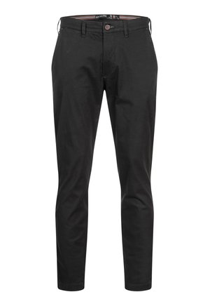 Black cotton chino pants with a straight leg design, front button closure, and subtle stitching details. Smooth texture, versatile style.