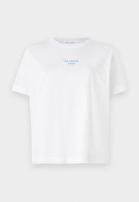 White cotton t-shirt with a round neck, short sleeves, featuring a blue printed text "ICE CREAM PLEASE" above a simple line drawing of an ice cream cone.