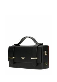 Zwarte leren handtas met bovenhandvat, hardware in goudkleur en een klein metalen logo op de voorflap.