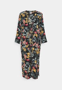 Kwiatowy kimono z długimi rękawami, czarne tło oraz wielokolorowe wzory kwiatowe w odcieniach żółtego, różowego i zielonego. Design z otwartym przodem.