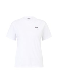 T-shirt bianca in cotone con maniche corte, scollo rotondo e piccolo logo Fila nero sul petto, con accenti rossi e blu.