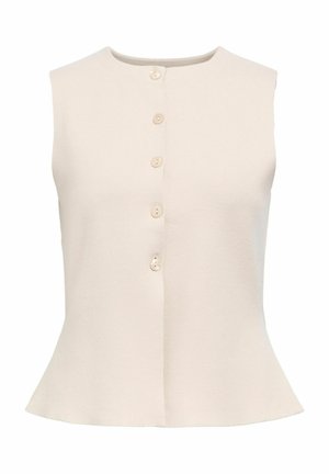 Lichtbeige mouwloze top met een ronde halslijn, voorzien van een knoopsluiting aan de voorkant en een uitlopende zoom. Gemaakt van een zachte, gestructureerde stof.