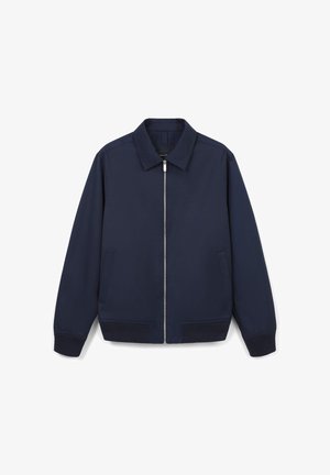 Marineblaue Bomberjacke aus glattem Stoff, mit einem Frontreißverschluss, zwei seitlichen Taschen und gerippten Bündchen und Saum. Einfaches Kragen-Design.