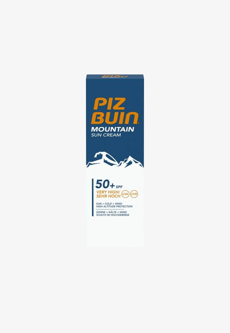 Piz Buin Mountain sun cream SPF 50+ with very high UVA and UVB protection, designed for sun, cold, and wind at high altitudes.