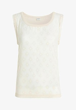 Svijetlosmeđa bezrukavica s uzorkom i rubom u obliku školjke. Okrugli ovratnik s diskretnim detaljima šivanja. Mekana tkanina.