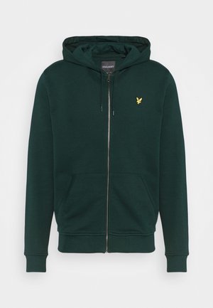 Green zip-up hoodie made of soft fabric, featuring a kangaroo pocket, adjustable drawstring hood, and a golden eagle logo on the chest.