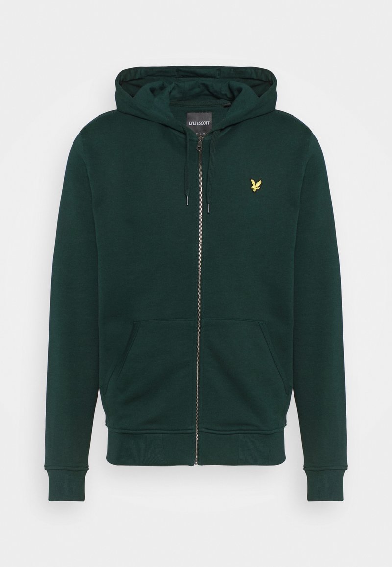 Green zip-up hoodie made of soft fabric, featuring a kangaroo pocket, adjustable drawstring hood, and a golden eagle logo on the chest.