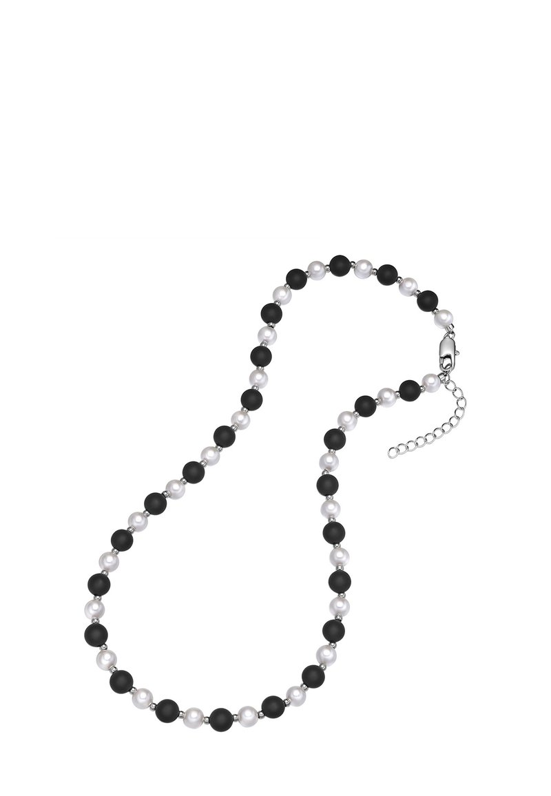 Sorte og hvide perler halskæde med runde matte sorte og glinsende sølvperler, med en lås og justerbar kæde for længdevariation.