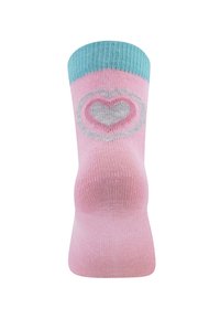 Baumwollsocken in Pink mit einem gerippten türkisfarbenen Bund. Mit einem Herzen-Design in helleren Pink- und Grautönen, das auf dem Fuß zentriert ist.
