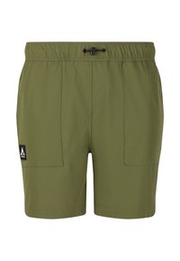 Vihreät kevyet shortsit elastisella vyötäröllä, nyörikiinnitys, kaksi sivutaskua ja musta logo-merkki vasemmassa lahkeessa.