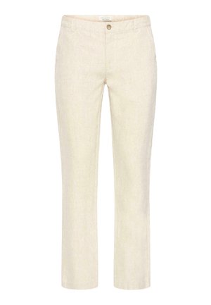 Gaismas bēša lina bikses ar taisnu piegriezumu, vienu priekšējo pogas aizdari un sānu kabatām, gluda tekstūra bez redzamām rakstu