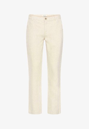 Gaismas bēša lina bikses ar taisnu piegriezumu, vienu priekšējo pogas aizdari un sānu kabatām, gluda tekstūra bez redzamām rakstu