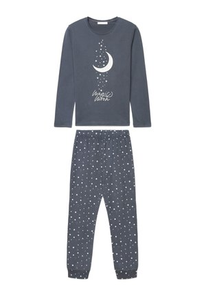 Set pigiama grigio scuro a maniche lunghe con motivo a luna crescente e stelle bianche, e testo ""magic moon"" sulla parte superiore, motivo a stelle sui pantaloni.